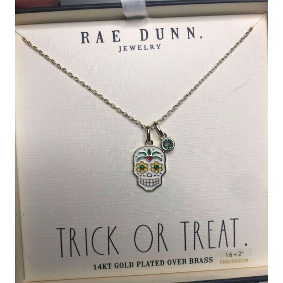 1073 Rae Dunn Skull Necklace With Crystal (14K Gold Plated Over Brass) New - Picture 1 of 1